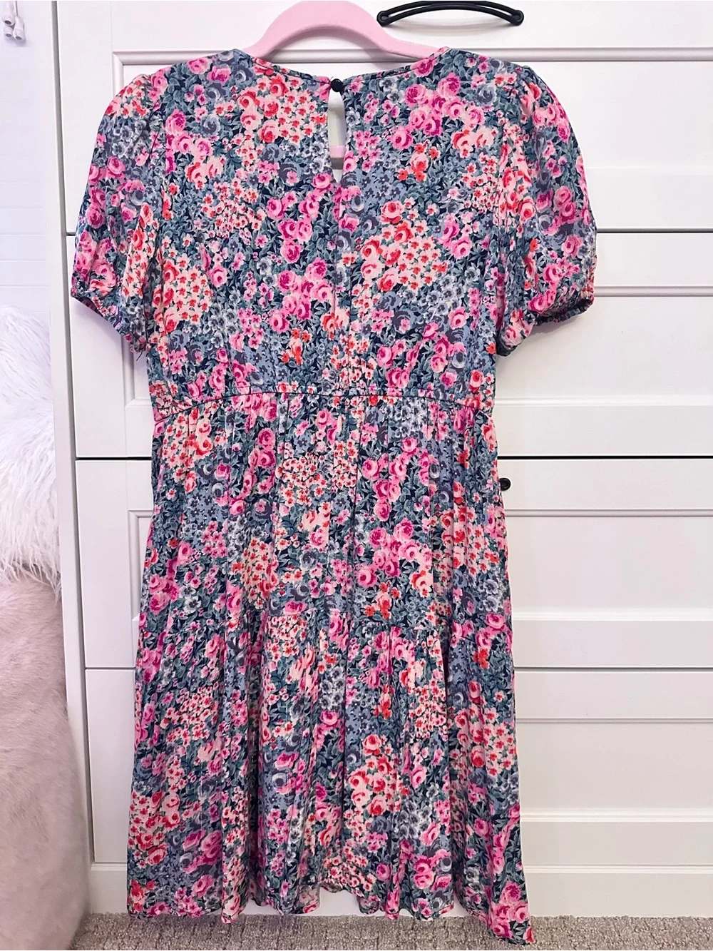 Trixxi Girl Pink & Blue Floral Puff Sleeve Modest Mini Dress